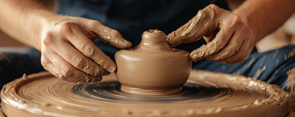 Hands skillfully shaping clay on spinning pottery wheel, capturing art of pottery making