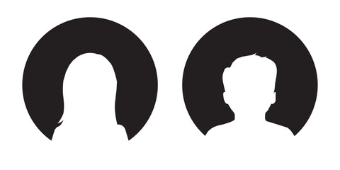 Male and Female portraits, avatars or profiles for unknown anonymous persons. Man, woman, people. Black and white vector illustration.