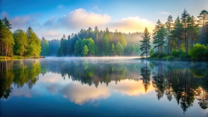 Obraz premium Forest Surrounding Serene Lake on Misty Morning, tranquil scene, lake scenery