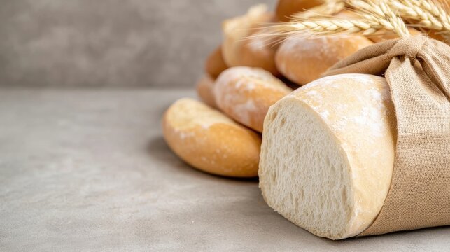 Freshly baked bread loaves, close-up.  A variety of loaves, including a sliced loaf, are showcased.  Natural light highlights the textures and colors of the bread - Powered by Adobe