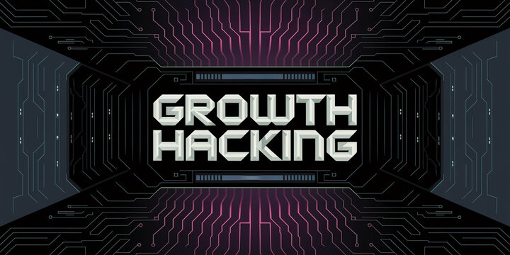 Abstract digital artwork featuring circuit board design and "Growth Hacking" text, symbolizing technological advancement and business strategy