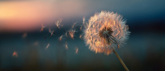 Obraz premium A dandelion disperses its seeds in the twilight breeze, capturing a moment of effortless beauty and natural wonder at dusk.