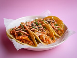 An Asian-Latin fusion dish--kimchi tacos with sriracha mayo drizzle, isolated neon pink background, street-style edge with cultural crossover appeal