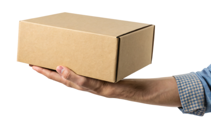 hand holding a cardboard box isolated