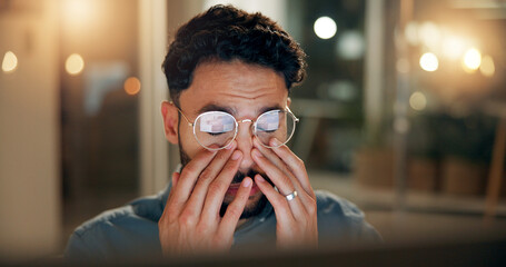 Businessman, stress and night with headache for overworked pressure, deadline or mistake at office....