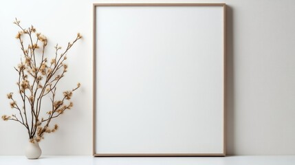 A minimalist framed poster hanging on a plain wall with a vase of dried branches beside it, and clean and modern interior design concept.