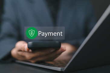 Mobile Payment Security Protection. Woman using a smartphone for secure online payment, featuring a payment confirmation icon. Safe online transactions and digital financial protection.