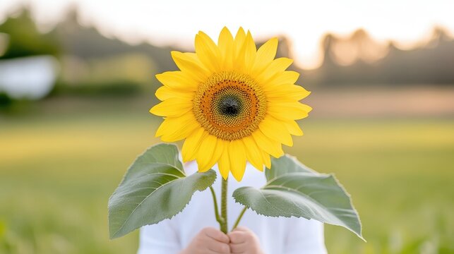 A child holds a sunflower in a field.  Bright yellow flower, green leaves, soft sunlight
