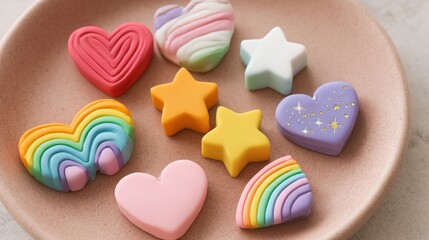 Fototapeta premium Colorful Heart and Star-Shaped Play Dough on a Soft Pink Plate for Creative Activities