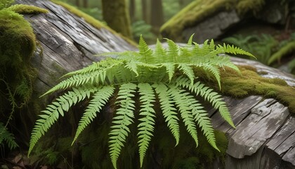A vibrant green fern grows on a moss-covered log in a tranquil forest scene.