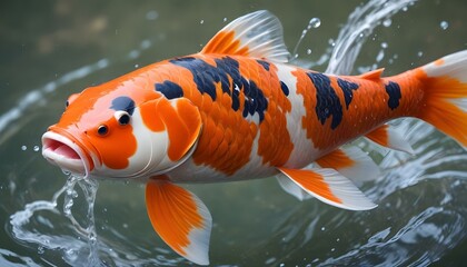A beautiful koi fish leaps out of the water, showcasing its vibrant colors and elegance.