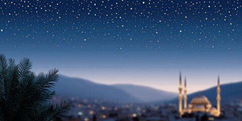 Naklejka premium islamic new year art, postcard with serene nighttime scene, stars, and minaret outlines in background, with space on left for festive hijri new year message