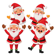 Four cheerful cartoon depictions of Santa Claus in various joyful poses on white background