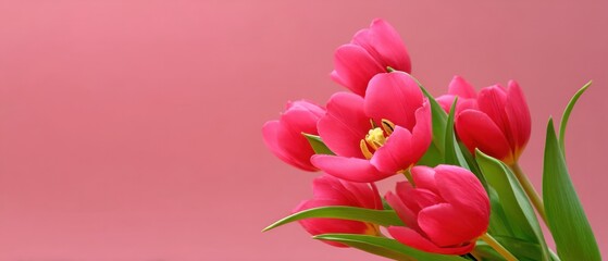 Obraz premium Vibrant pink tulips bouquet with fresh green leaves against a soft pink background, symbolizing spring, love, and celebration