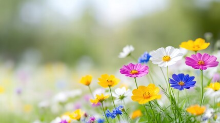 Wildflowers Blooming Meadow Soft Focus Vibrant Colors Landscape Springtime Delight Peaceful Nature Scene Bright Floral Spring Greeting Card with additional context for stock use