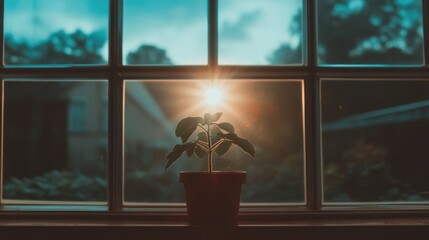 Small plant in a pot by a window, bathed in sunlight