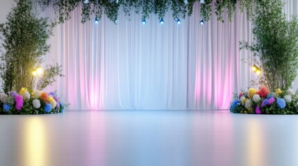 Elegant event backdrop with soft lighting and floral accents