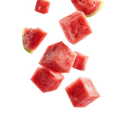 Several Watermelon Cubes and Slices Suspended Mid-Air on Transparent Background

