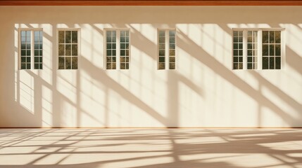 Sunlight streams through windows, casting shadows on a light beige interior
