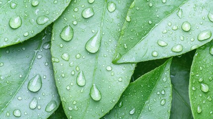 Fresh, vibrant green leaves covered in morning dew drops