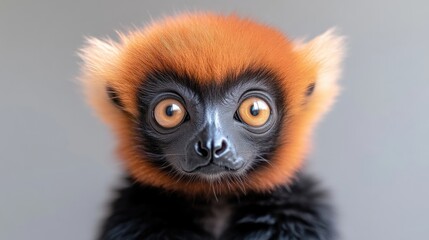 Close-up of a baby lemur with large eyes and reddish-orange fur