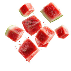 Several Watermelon Cubes and Slices Suspended Mid-Air on Transparent Background


