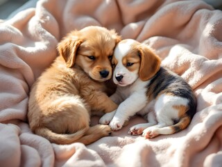 Obraz premium Two puppies laying together sleeping 
