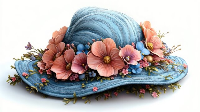 A blue hat with pink flowers on it