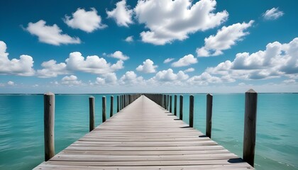 Obraz premium A long wooden pier stretches out into a clear turquoise sea under a beautiful blue sky.
