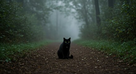 Black cat in foggy forest path