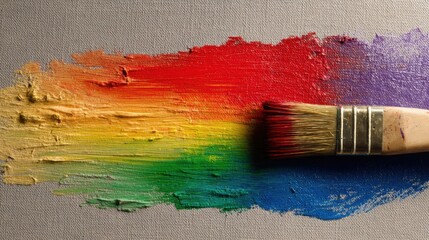 Obraz premium Colorful Paint Stroke with Brush on Canvas in Vibrant Rainbow Shades
