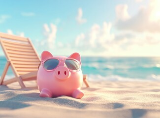 A piggy bank wearing sunglasses relaxes on a beach, symbolizing saving and leisure.