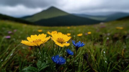 Mountain meadow wildflowers in rain