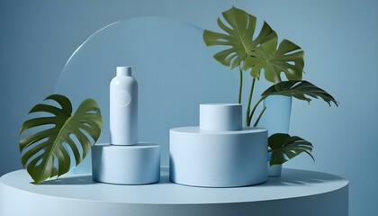 A sleek, minimalist design showcases a product mockup with plants and a cool blue palette.
