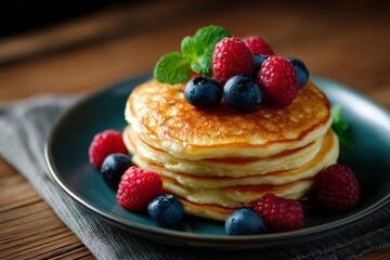 Stack of Pancakes with Berries and Maple Syrup for Breakfast
