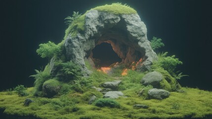 Moss-covered rock outcrop with cave entrance