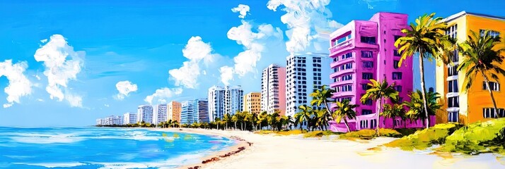 oil painting miami south beach downtown skyline -