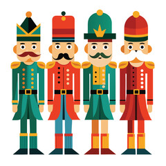 Four illustrated nutcracker soldiers stand in a row, each in a distinct uniform on white background