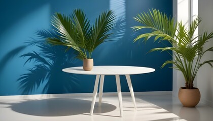 Fototapeta premium A modern interior with a white table, palm plants, and beautiful shadows from sunlight.