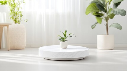 A small potted plant sitting on a round white coffee table in a minimalist living room, with large green plants in the background, and bright and airy atmosphere.