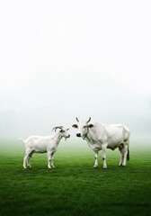 Obraz premium A white cow and goat stand together on a green field against a misty, bright background