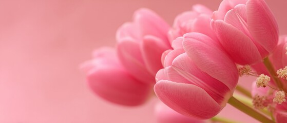 Obraz premium Closeup of delicate pink tulips with babys breath on a soft pink background Concept of spring, love, romance, and feminine beauty