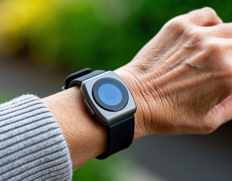 A realistic close-up of an emergency alert bracelet worn by an elderly person. Focus on safety, peace of mind, and intuitive design.