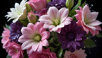 A beautiful bouquet of pink, purple, and white flowers with water droplets against black.