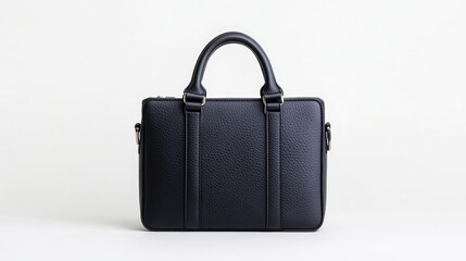 A sleek black leather briefcase standing upright on a white background, minimalist composition with soft lighting, and professional business accessory.