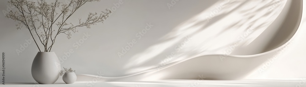 Poster elegant still life with white vases branches and shadow in minimalist neutral monochrome interior de