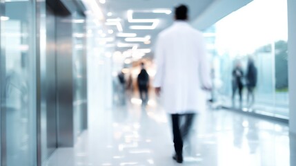 Doctor walking in hospital corridor with elevators and blurred people