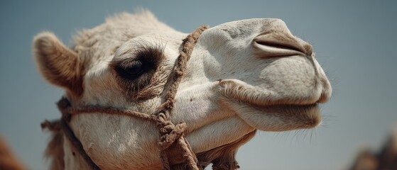 A camel with intricate rope halter gazes into the distance, capturing the serene elegance of the desert landscape.