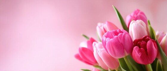 Obraz premium Beautiful bouquet of pink tulips with soft light on pink background Concept of spring, love, and celebration