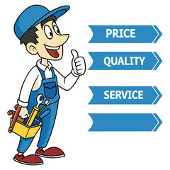 Thumbs Up Mechanic Vector with Pricing and Quality Concept Business Promotion Graphic